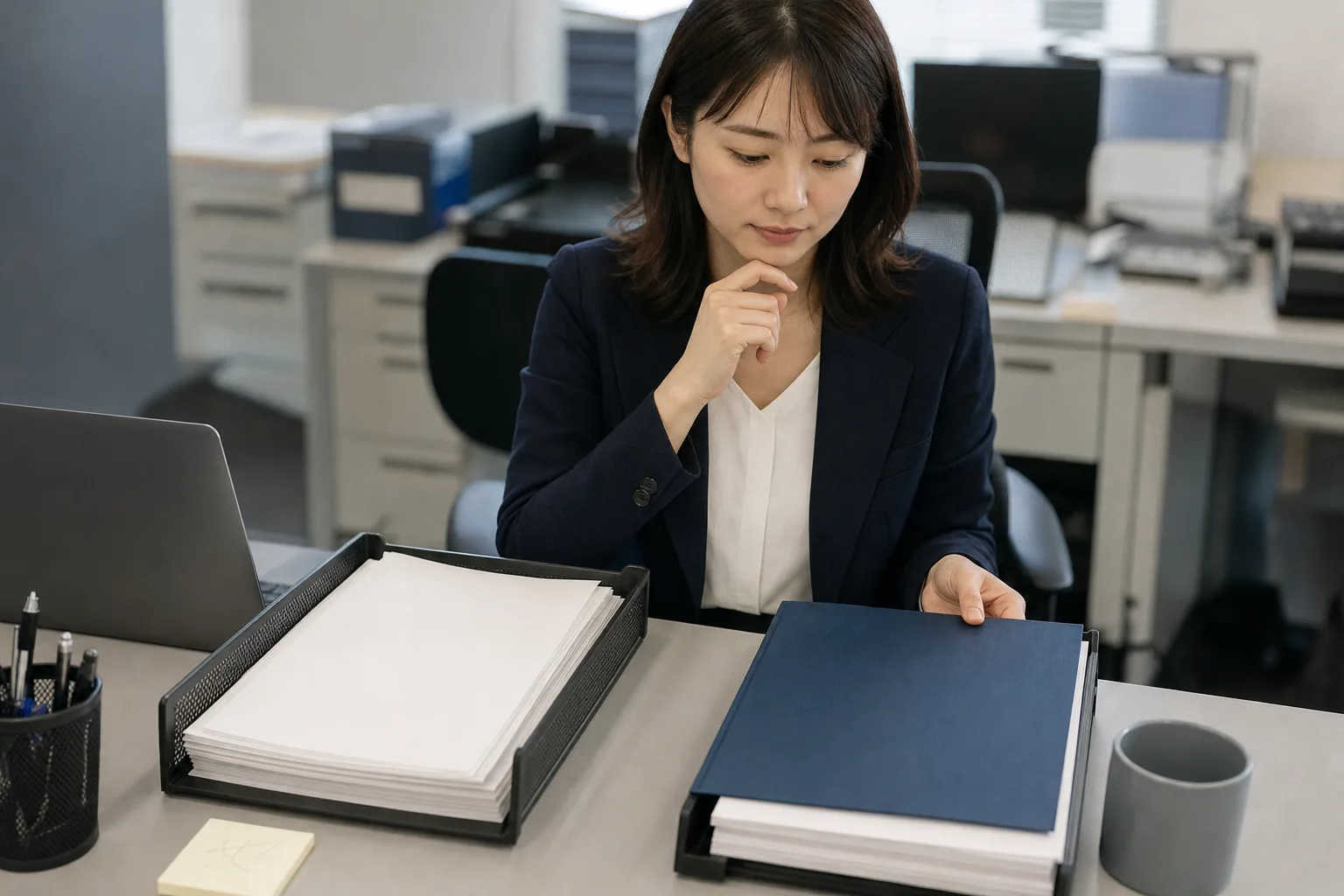経理業務で受け取る資料と処理後の出力を確かめる担当者