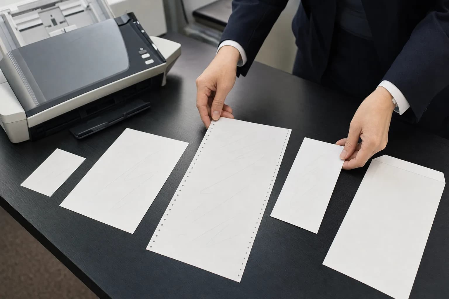 書類スキャナーの横に形の違う帳票のサンプルを並べ、例外の処理を確かめる手元