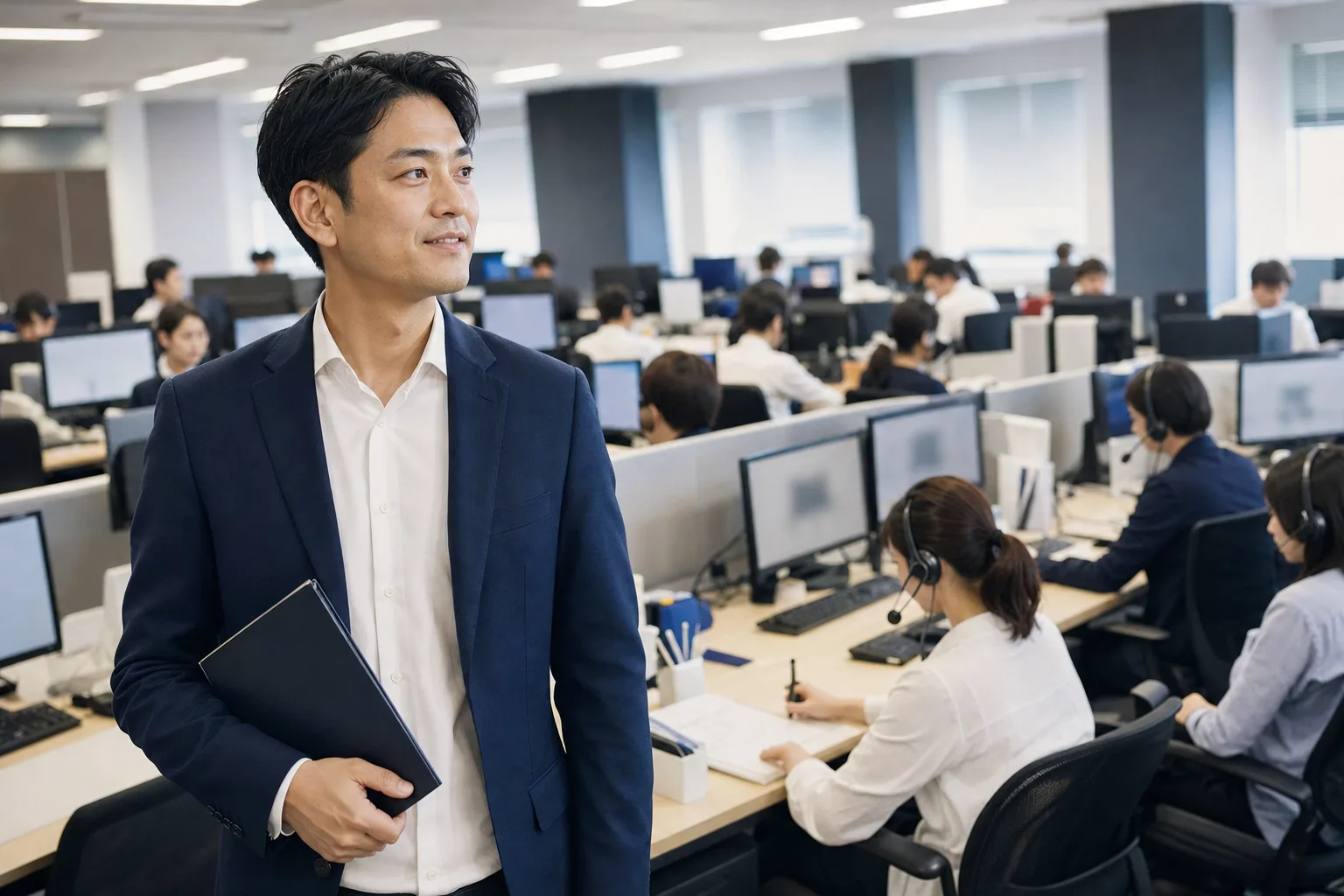 BPOセンターの長い作業席を見渡しながら作業の配置を確かめる提案担当者