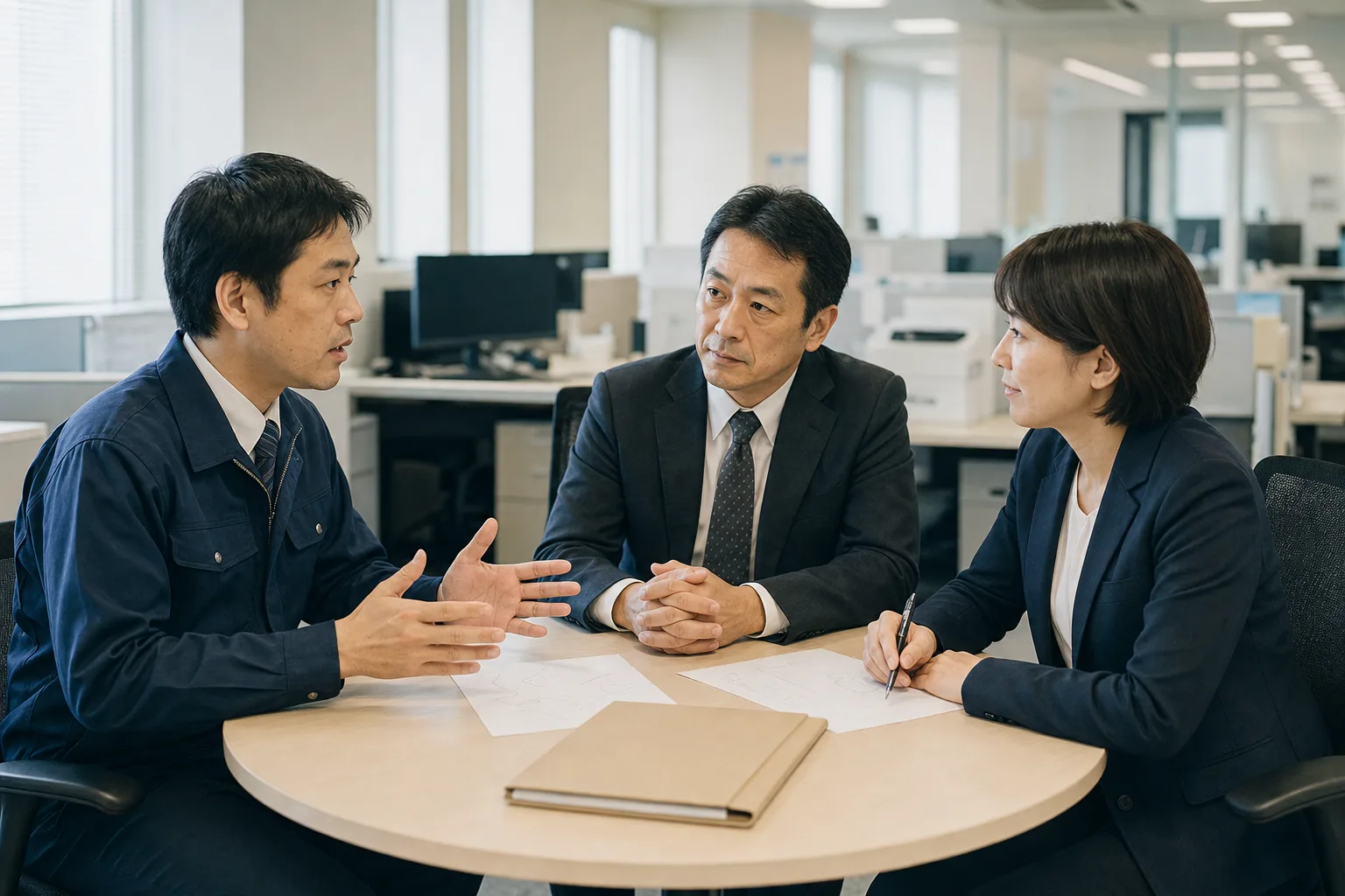 実務担当者と管理職、推進役が業務変更の実行について話し合う場面
