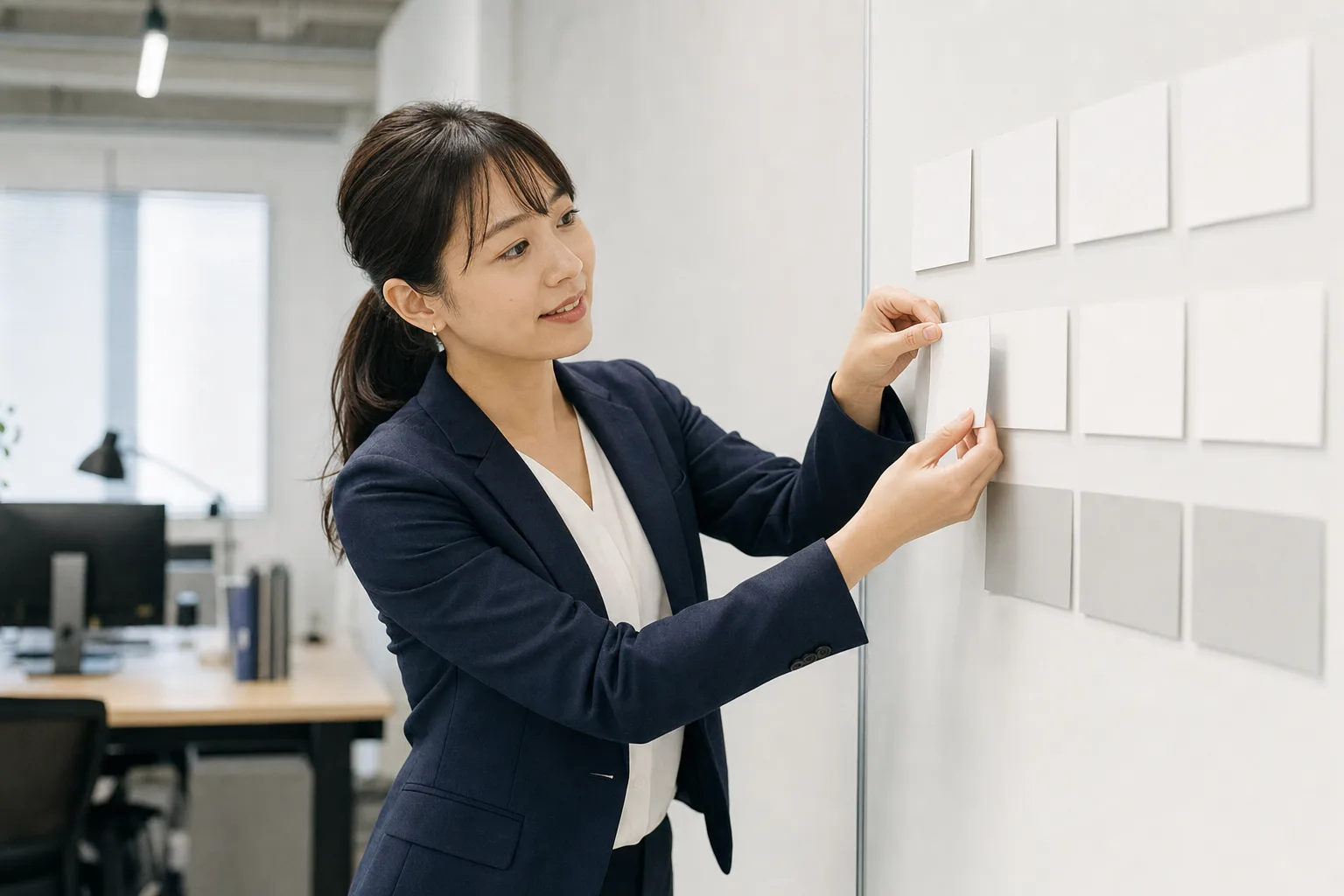 白とグレーの付箋を並べて業務の流れを整理する担当者