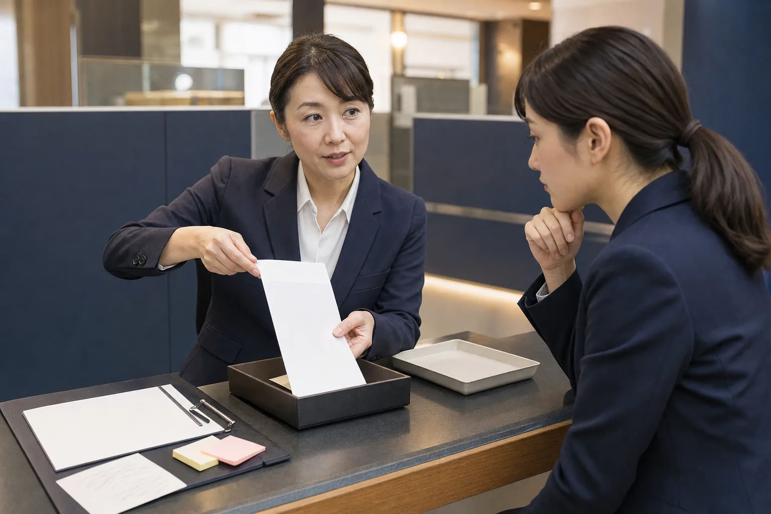 窓口で例外対応の手順を実物のトレーと封筒を使って説明する担当者