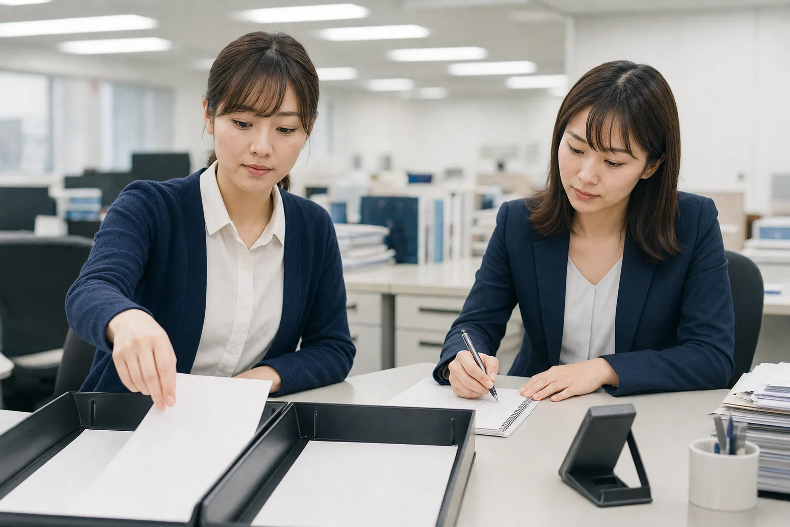経理の処理を観察し、件数や所要時間を記録する担当者