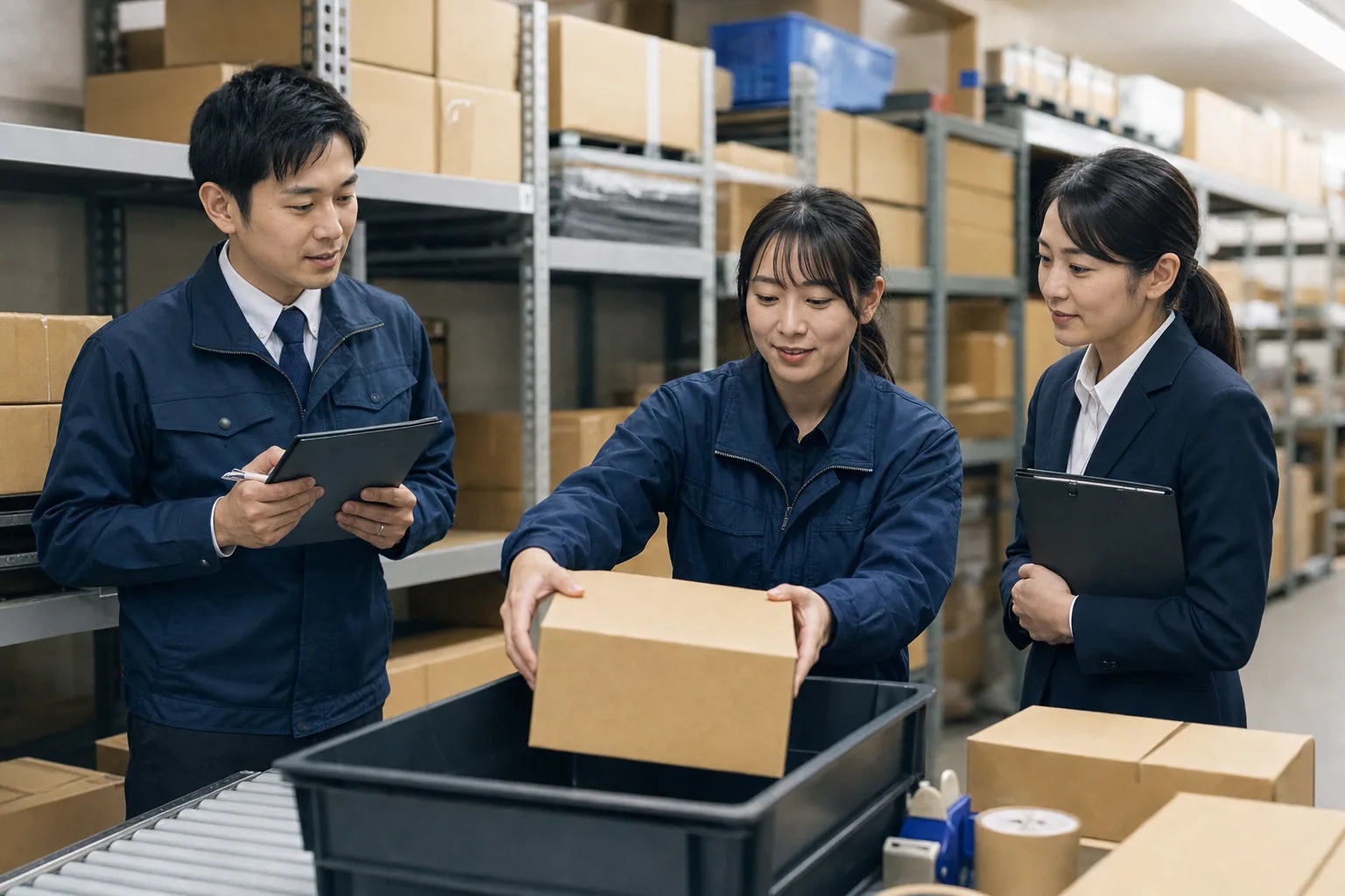 倉庫で出荷作業と担当者間の受け渡しを観察する業務改善の担当者