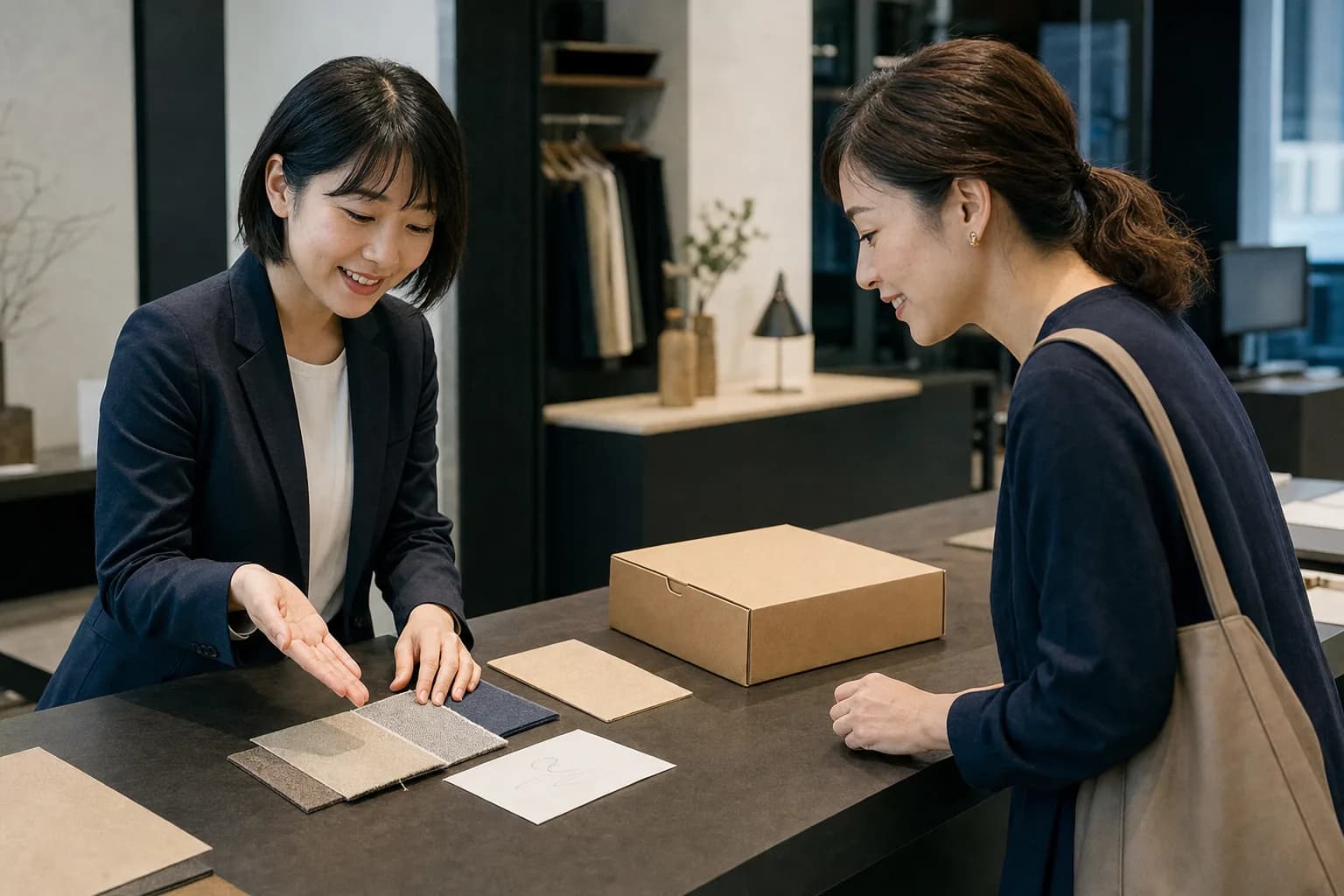 確保できた時間で、商品サンプルを前に顧客の相談に応じる担当者