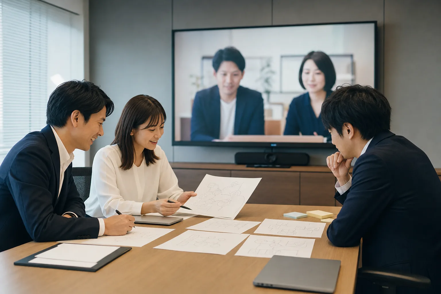 別拠点の担当者と大型モニター越しに業務フローの初稿を確認する会議
