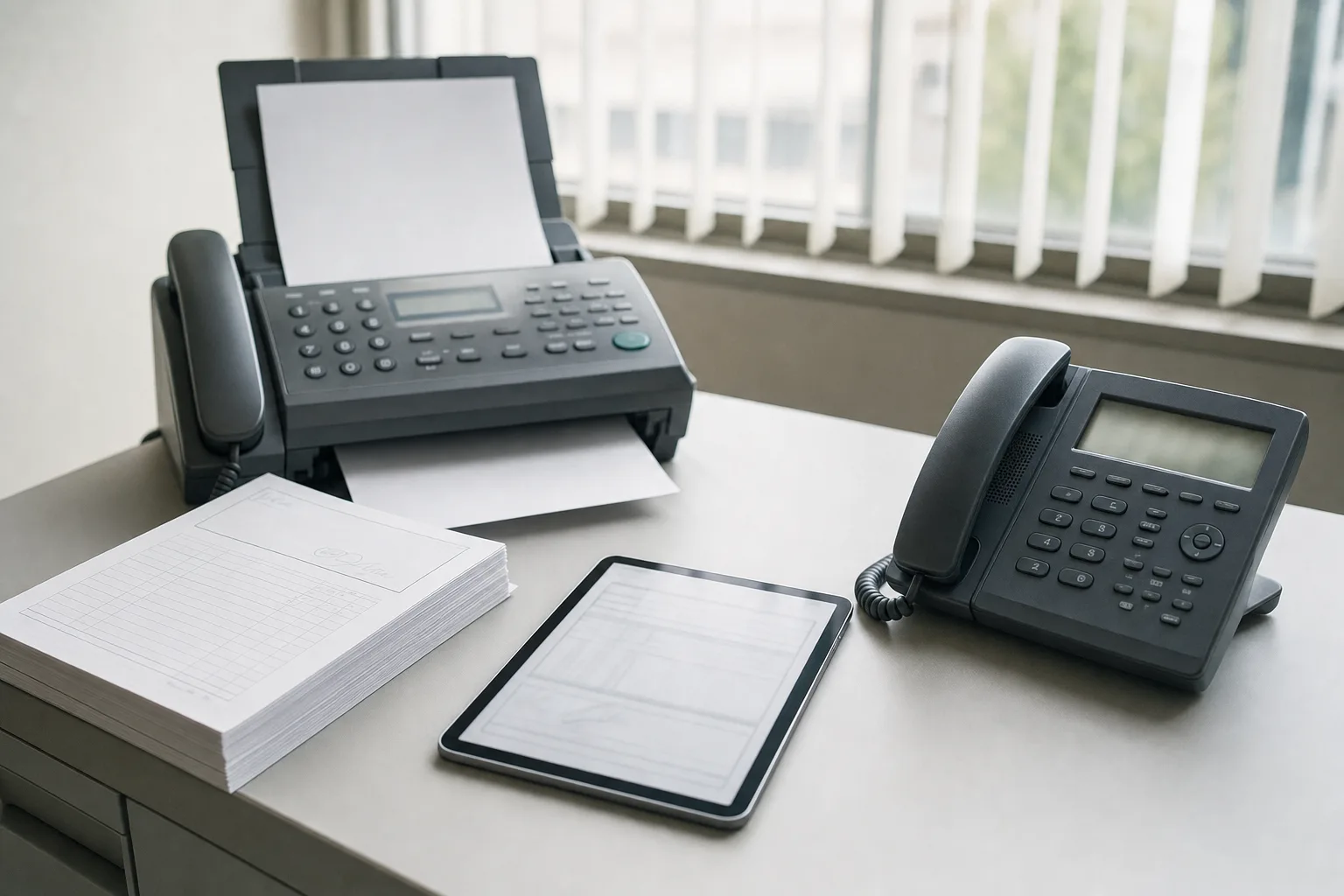 FAX・紙の注文書・タブレットなど、形の違う受注の入り口が並ぶ受注事務の机