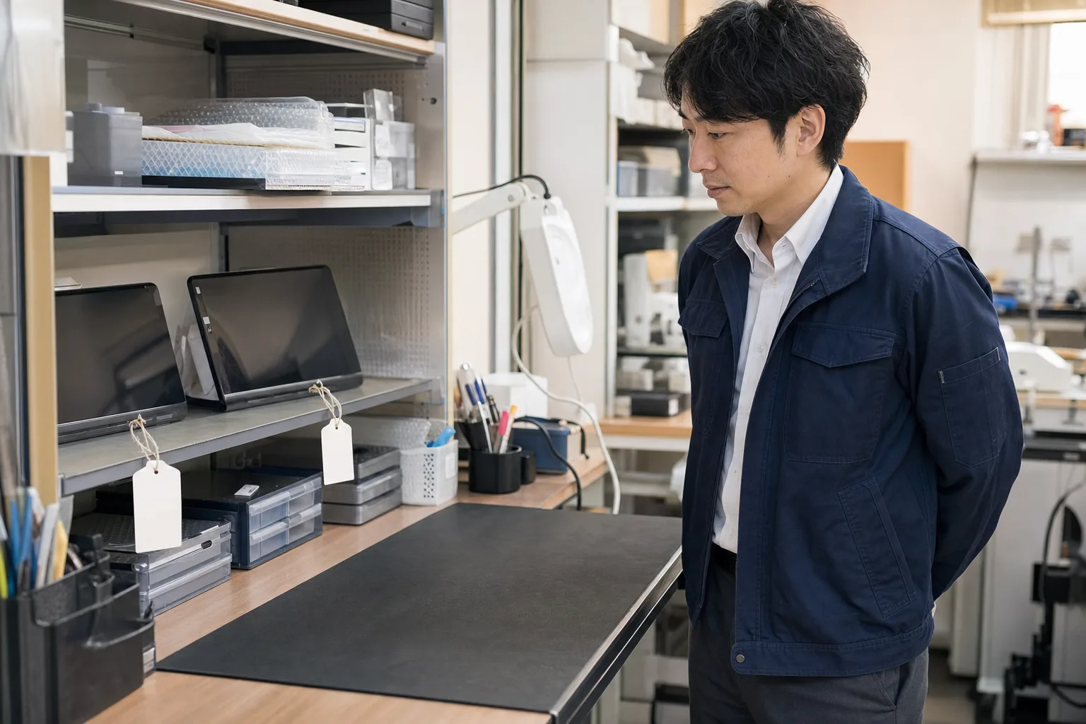 修理受付の奥で、部品の到着を待っている機器を確かめる担当者