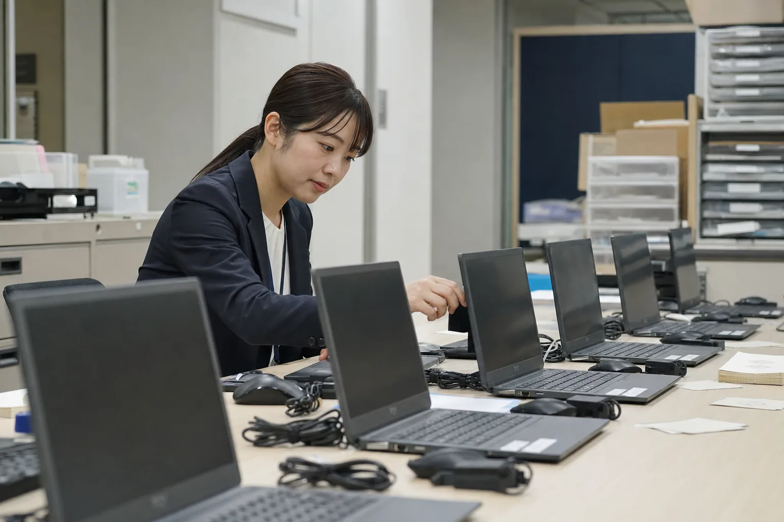 長い作業台に並べた貸与用のノートPCと周辺機器を準備する総務の担当者