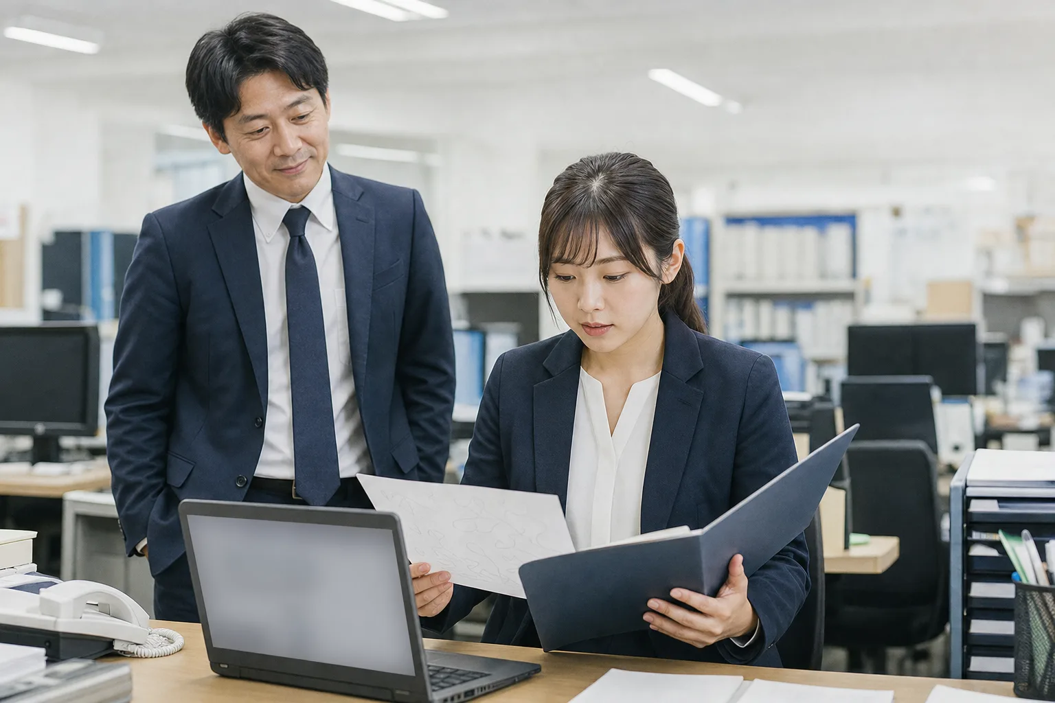 記録を参照して業務を処理する後任者と、口を出さずに見守る熟練者